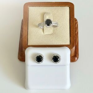 Elegant Black Onyx Statement Ring Size 6 & Earring Set • Sterling Silver CZ Halo